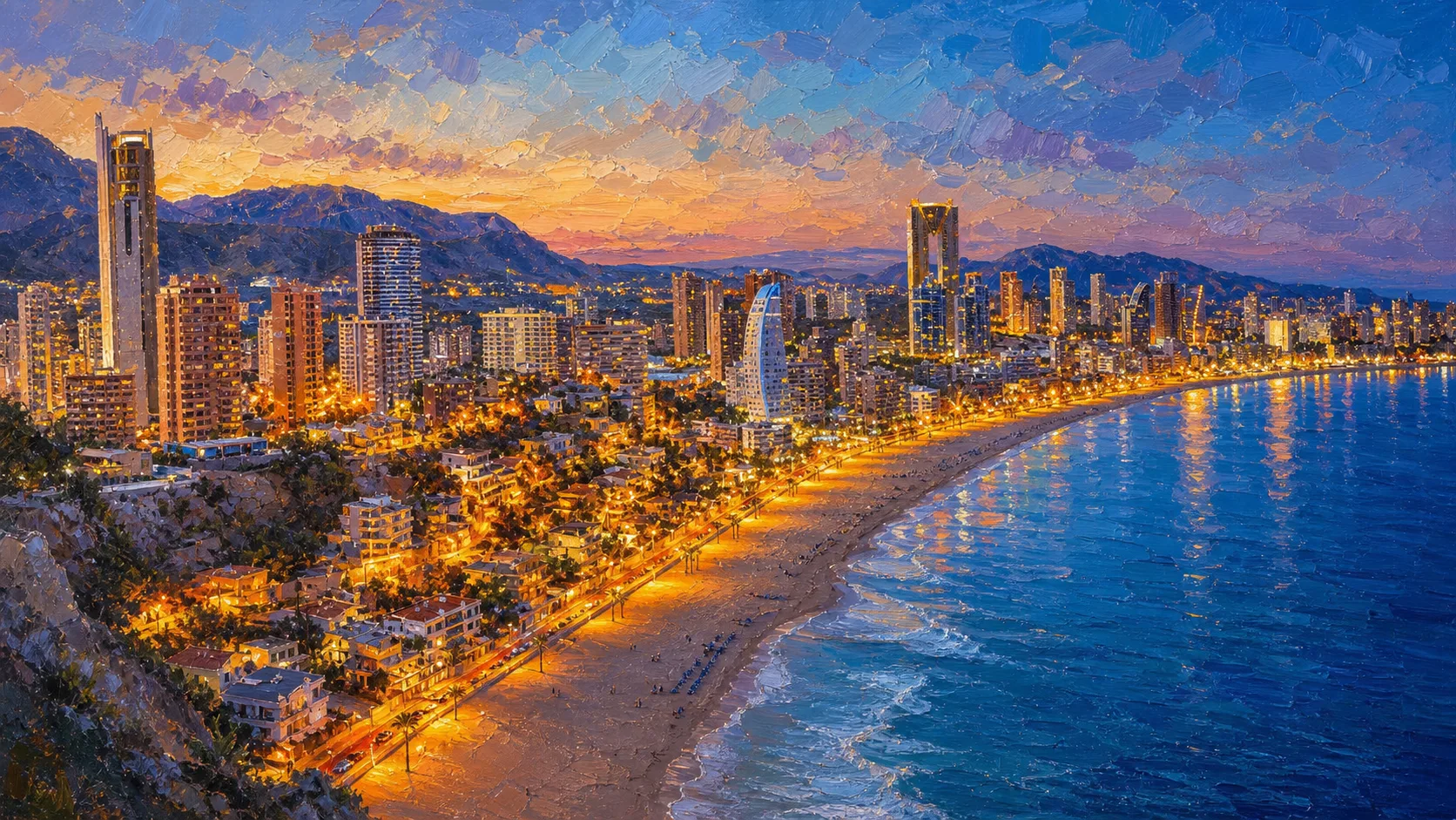 Painterly view of Benidorm skyline and coastline